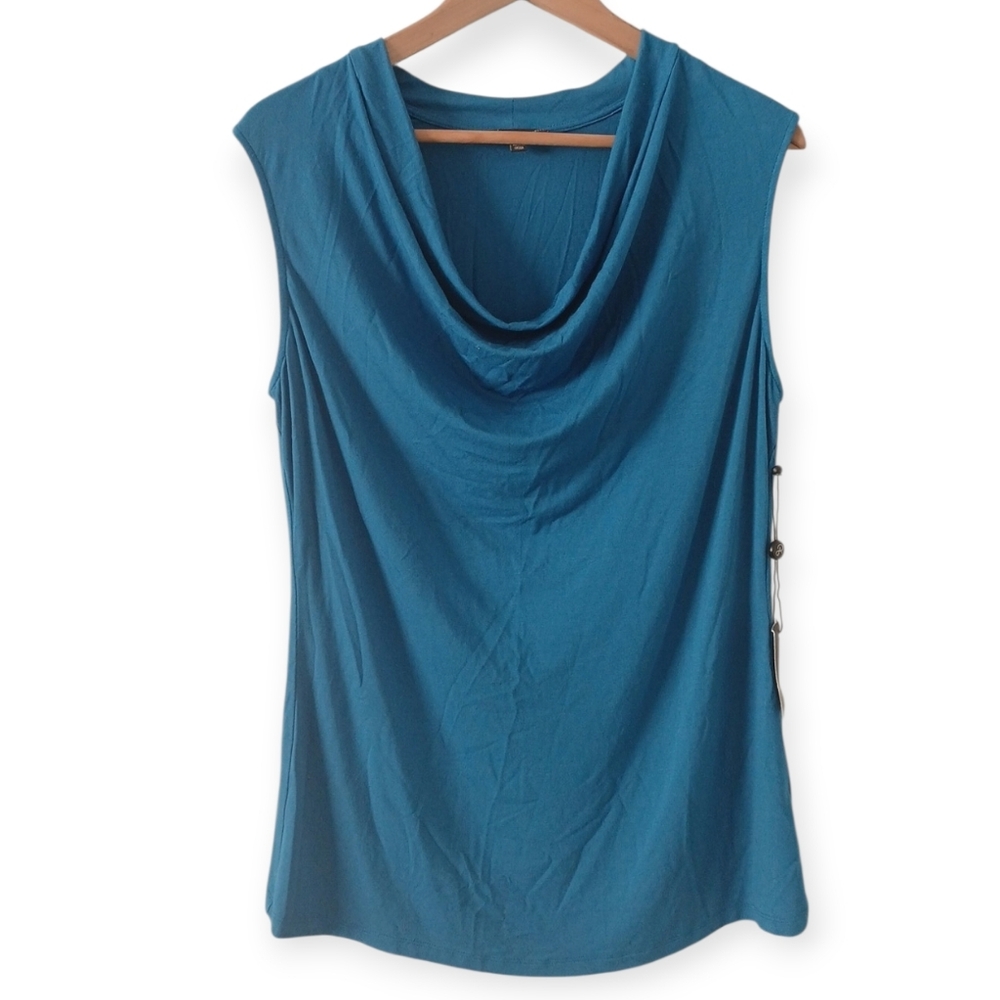 ADRIANNA PAPELL TURQUOISE COWL NECK SLEEVELESS PULLOVER BLOUSE  TOP. SIZE L